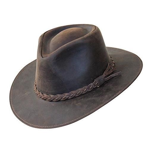 Borges & Scott b&s premium fedora in cuoio- cappello con tesa ampia- 100% cuoio di qualità alta- impermeabile- marrone scuro. 58cm