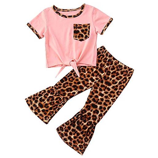 amropi ragazze leopardata maglietta con maniche corte e campana pantaloni 2 pcs set completo rosa, 1-2 anni