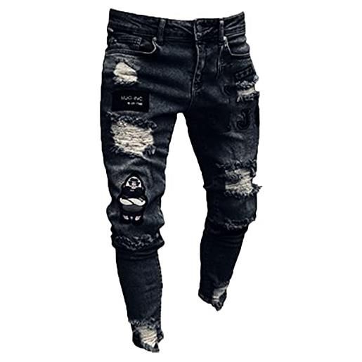 LaiYuTing nuovi pantaloni da uomo slim-fit alla moda alla moda con toppe d'arte jeans skinny da moto pantaloni slim-fit