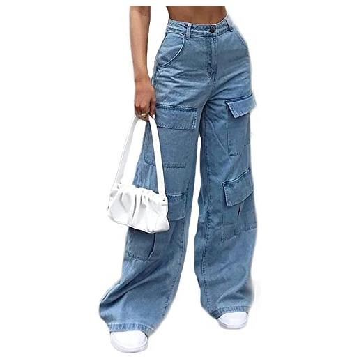 JENETY y2k gambe dritte jeans larghi tasche con patta da donna pantaloni cargo in denim pantaloni larghi a vita alta streetwear (l)
