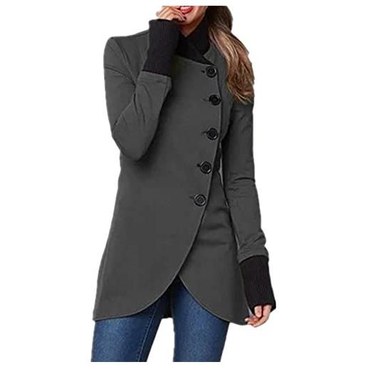 YMING moda donna trench coat cappotto lungo in misto lana con collo alto monopetto giacca vintage cappotto caldo nero xl