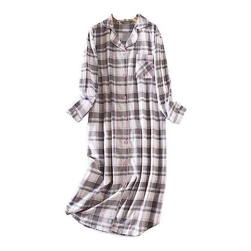 DSJJ camicia da notte donna cotone bottoni aperte davanti manica lunga pigiama lunga sleepwear (grigio-2, m)