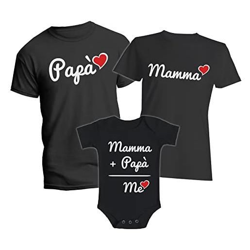 t-shirteria tris tshirt famiglia - femminuccia - body neonato - coordinato - mamma + papà = me - cuori - madre - padre - bimba - maglietta cotone - set t-shirt