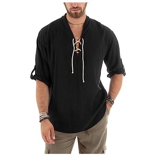 Giosal camicia uomo lino tinta unita casacca manica 3/4 scollo a v con lacci casual (l, nero)