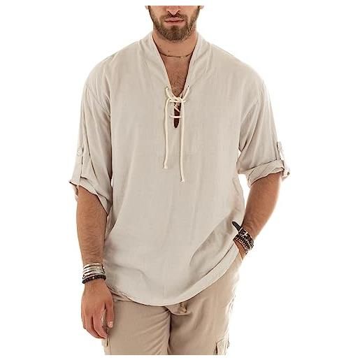 Giosal camicia uomo lino tinta unita casacca manica 3/4 scollo a v con lacci casual (xl, beige)