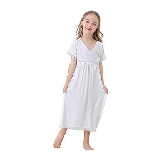Verve Jelly pigiama da principessa per bambina abito in cotone per bambini camicia da notte in pizzo a maniche lunghe camicia da notte in cotone per bambina tinta unita abito da notte bianco 130 7-8 anni