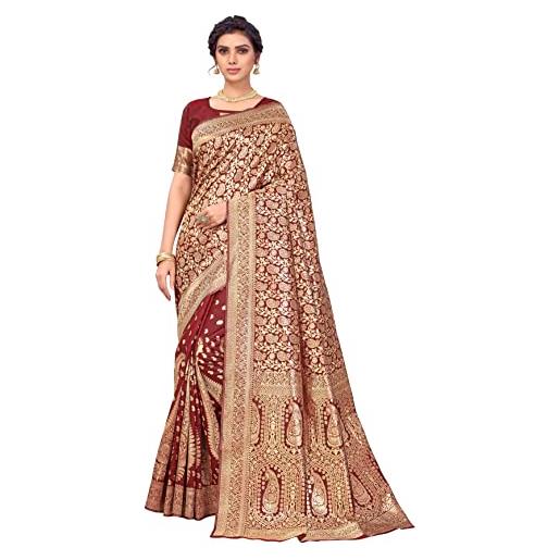 Generic indiano bollywood matrimonio saree banarasi art seta floreale tessuto a mano zari lavoro sari con camicetta non stiched pezzo (marrone), bordeaux, etichettalia unica