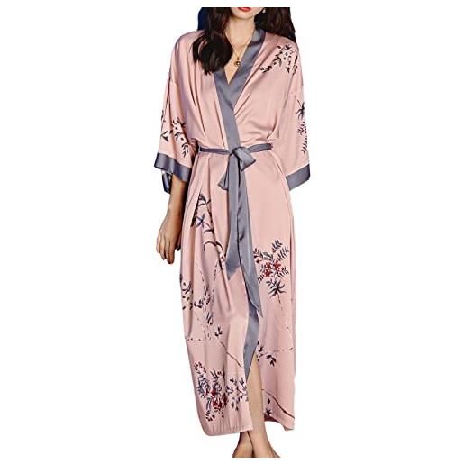 LOCIIXAT vestaglia lunga da donna in raso kimono vestaglia con stampa floreale in seta accappatoi, rosa/rami, etichettalia unica