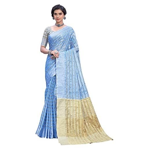 Generic abito da donna indiano in seta con sari di bollywood per feste con stampa a righe e camicetta non stiched (blu cielo), azzurro, etichettalia unica