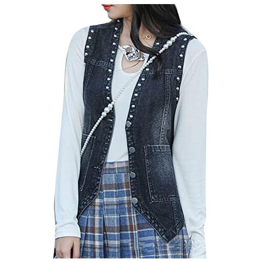 GUOCU donna lavaggio vintage gilet da cowboy giacca di jeans senza maniche con perline vestibilità slim scollo a v gilet denim vest abbottonato corto cappotto di jeans giubbotto smanicato nero 3xl