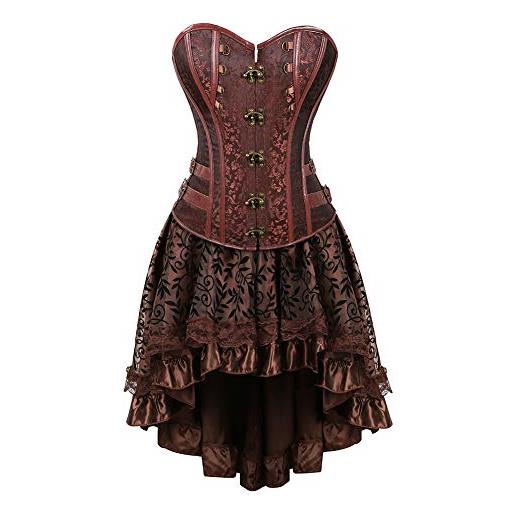 WLFFW bustino corsetto donna e gonna tutu gotico fibbia floreale (eu(40-42) 2xl, marrone)