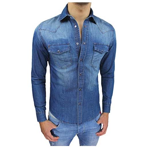 Evoga camicia di jeans uomo slim fit blu denim aderente casual (l)