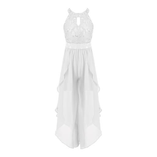 Freebily tuta bambina eleganti da cerimonia feste principessa chiffon jumpsuit abito estivo con perline scintillanti monopezzi tutine pantaloncini integrati, 6-16 anni bianco 15-16 anni