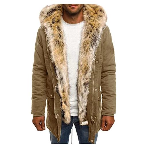 KAGAYD cappotto invernale da uomo, lungo, caldo e invernale, con colletto in pelliccia sintetica, spesso, casual, giacca da montagna, giacca invernale da lavoro, cappotto nero, cachi, xl
