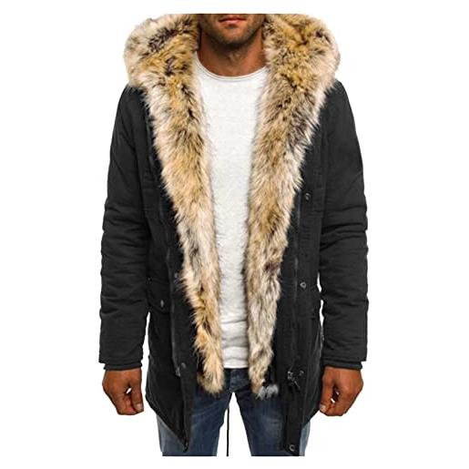 KAGAYD cappotto invernale da uomo, lungo, caldo e invernale, con colletto in pelliccia sintetica, spesso, casual, giacca da montagna, giacca invernale da lavoro, cappotto nero, nero , m