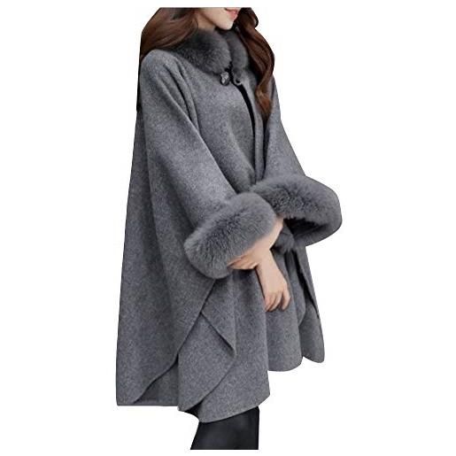 ZIXING Fashion donna elegante cappotto in lana sintetica poncho cloak con cappuccio in pelliccia sintetica capispalla giacca lunga grigio xl