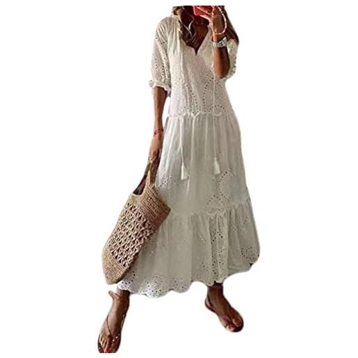 Minetom vestito donna vestito in pizzo scollo a v maniche corte lungo vestito da spiaggia festa estate abito boho tunica vestiti j bianco 40
