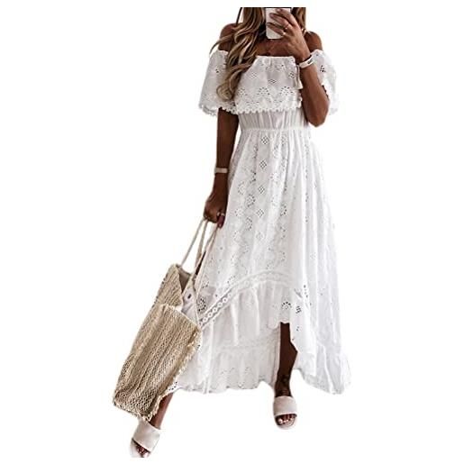 Minetom vestito donna vestito in pizzo scollo a v maniche corte lungo vestito da spiaggia festa estate abito boho tunica vestiti i bianco 46