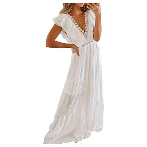 Minetom vestito donna vestito in pizzo scollo a v maniche corte lungo vestito da spiaggia festa estate abito boho tunica vestiti i bianco 44