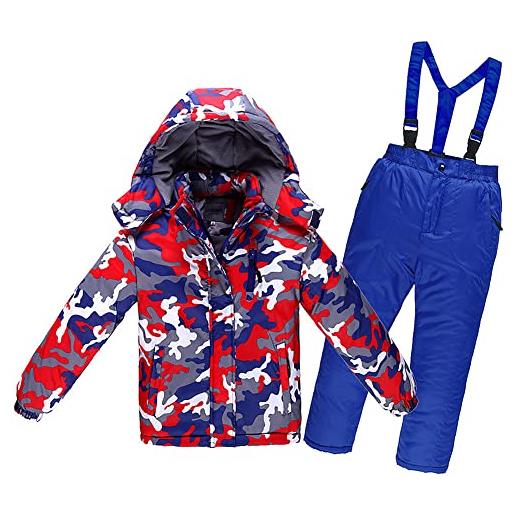 LSHDCER tuta da sci bambino tuta da neve bambino giacca soft shell e pantaloni da neve caldo invernale sportiva set, camouflage giallo blu, 6/5-6 anni