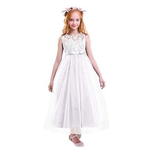 OBEEII vestito elegante da ragazza festa cerimonia matrimonio damigella donna sposa prima comunione battesimo ballerina carnevale prom cocktail abiti lunghi estivo per bambini 9-10 anni 001 bianca