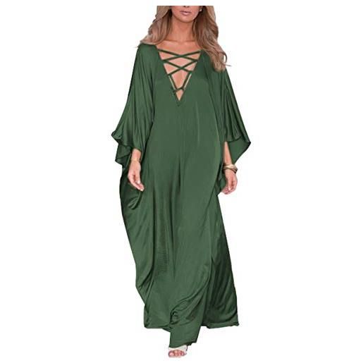 LeofL vestito da donna estivo con scollo a v fluttuante kaftano beach maxi vestaglia da notte costume da bagno, a verde, taglia unica