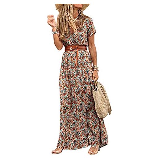 Geagodelia maxi abito elegante estivo donna vestiti boho moda floreale scollo a v manica corta spiaggia resort homewear abito lungo casual street style (marrone, xl)