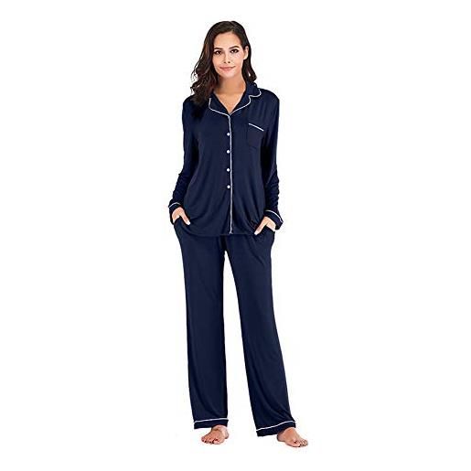 Naughtyspicy sleepwear da donna a maniche lunghe con bottoni top e pantaloni set pigiama(blu scuro, s)