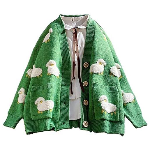 Attria donne y2k knit cardigan kawaii pecora ricamo preppy maglione carino estetico cottage core cappotto, verde, taglia unica