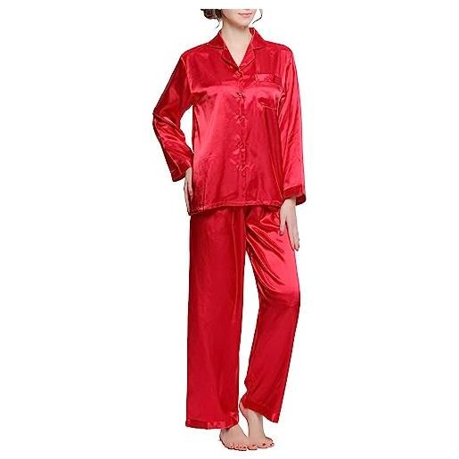 Lavenderi pigiama da donna a maniche lunghe in raso premium, rosso, x-large