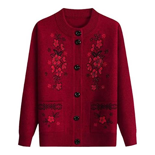 Yuntanu donna ricamo fiori maglione cappotto nonna sciolto manica lunga tasca maglia cardigan top, rosso vino, xl