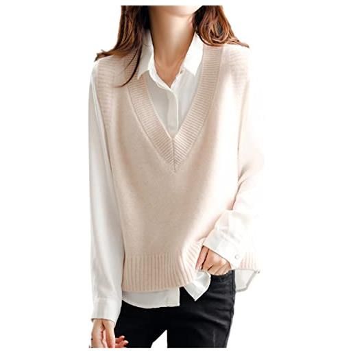 Pohullan donna autunno inverno lana maglia maglione per gilet scollo a v senza maniche solido sciolto gilet maglione elegante lana maglione, beige, m