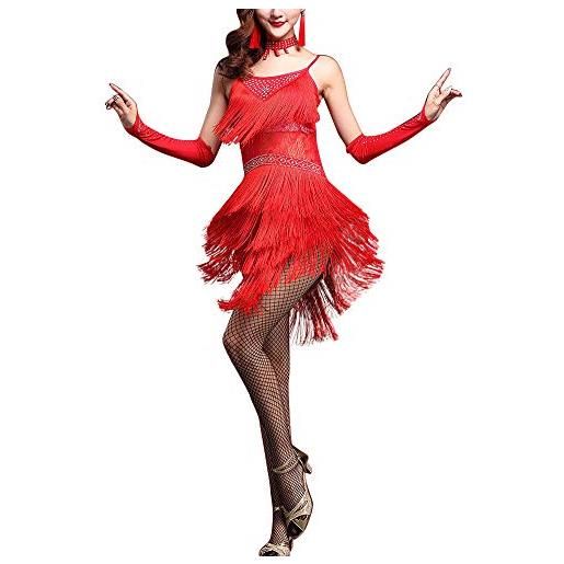 Mengmiao vestito latino da ballo glitter paillettes frangia donna elegante senza spalline abito rosso m
