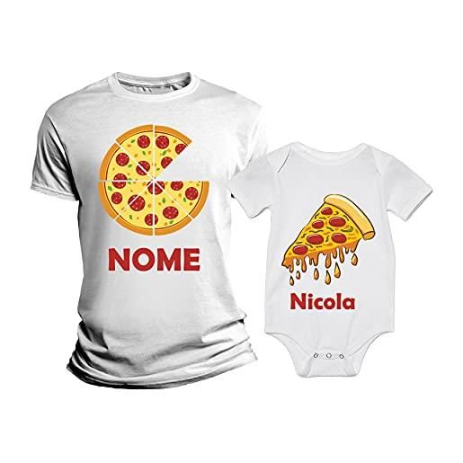 Overthetee coppia tshirt e body padre e figlio [personalizza nomi] - pizza dad - pizza baby - idea regalo famiglia - tshirt pizza - fetta di pizza - idea regalo papà