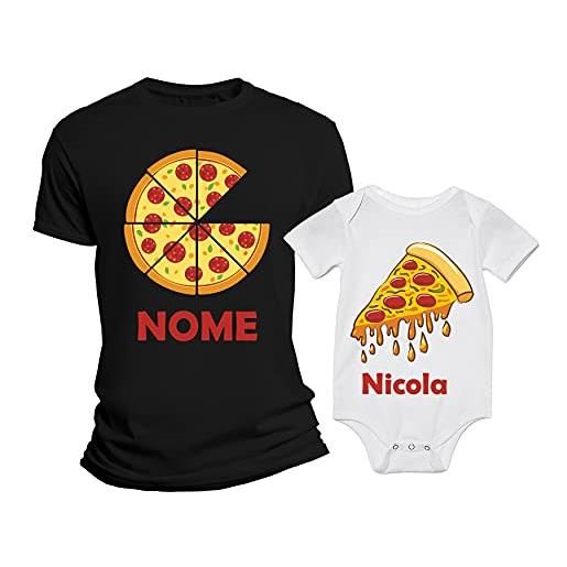 Overthetee coppia tshirt e body padre e figlio [personalizza nomi] - pizza dad - pizza baby - idea regalo famiglia - tshirt pizza - fetta di pizza - idea regalo papà