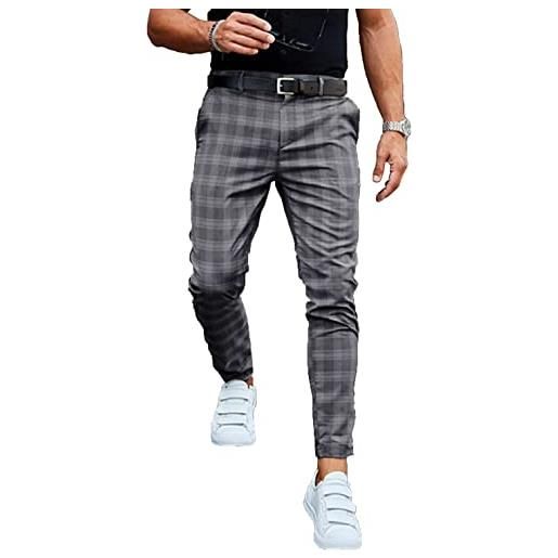 OOGUDE pantaloni a quadri da uomo slim fit stretch checks pattern chino pantaloni moda casual elasticità pulsante con tasche, grigio, m