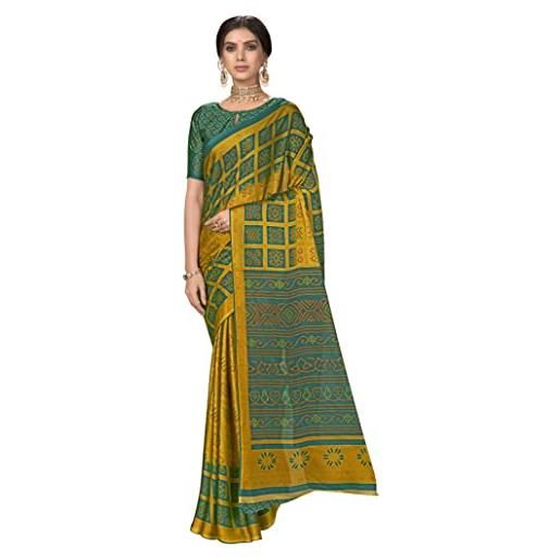 Generic sari rangoli - sari da donna indiana con stampa geometrica in seta, con camicetta non stiched (verde), rosso, etichettalia unica
