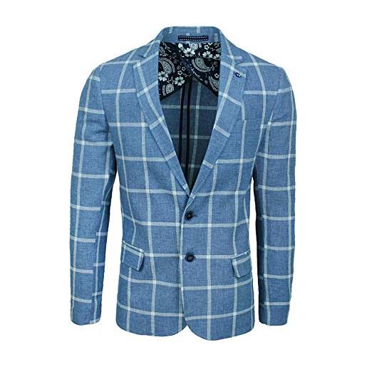 FB CLASS giacca uomo sartoriale in lino celeste quadri elegante 100% made in italy (56, celeste)