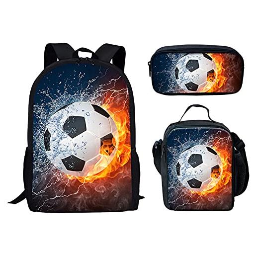 Biyejit zaino per bambini per ragazzi ragazze adolescenti borsa a tracolla bookbag/scatola per il pranzo/astuccio per matite 3 in 1, calcio fuoco acqua, taglia unica