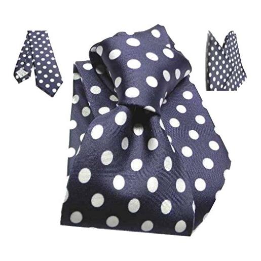Avantgarde cravatta slim e pochette uomo blu a pois grandi bianchi seta made in italy completo abbinato blu bianco 5 cm di larghezza con fazzoletto
