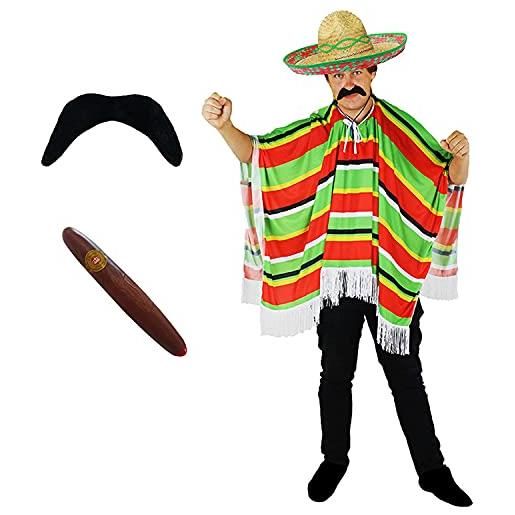 I LOVE FANCY DRESS LTD poncho messicano multicolore + sombrero + ash e sigaro in stile messicano perfetto per qualsiasi adulto in maschera festa per uomini o donne - verde sombrero