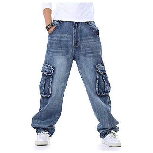 WFEI jeans da uomo dritto jeans japan style mens dritto denim cargo pants biker jeans uomo jeans in denim sfumato con tasche laterali, blu, 38