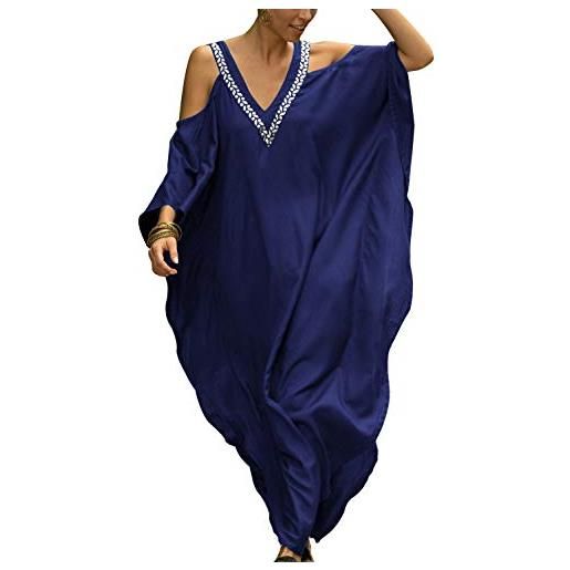 LeofL donne estate ricamo caftano boho vestaglia camicia da notte kimono costume da bagno copertura ups, a blu, taglia unica