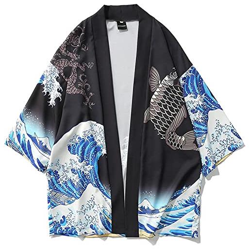 Vagbalena cardigan kimono da uomo cardigan kimono alla moda giapponese cappotto cardigan casual coppia giapponese giacca cardigan a sette maniche accappatoio giapponese (nero, l)