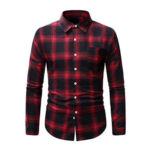 Generic camicia casual da uomo in cotone slim fit con bottoni camicia casual elasticizzata originale da uomo camicia vintage da boscaiolo a quadri camicia da boscaiolo, rosso, s