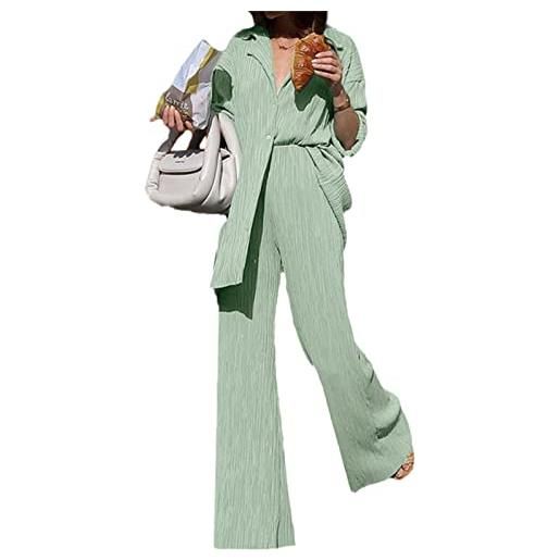 EGSDMNVSQ donna 2 pezzi camicia a pieghe maniche lunghe risvolto con bottoni + pantaloni lunghi y2k tuta tinta unita completo elegante streetwear set