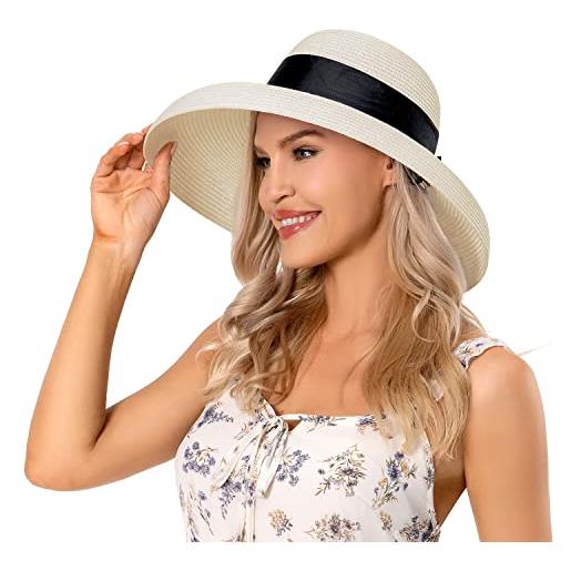 FARVALUE cappello da sole in paglia da donna estivo a tesa larga cappello da spiaggia da viaggio pieghevole con cordino a vento, beige