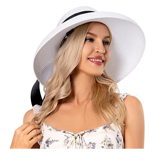 FARVALUE cappello da sole da donna a tesa larga paglia cappello da spiaggia da viaggio pieghevole tesa, bianco