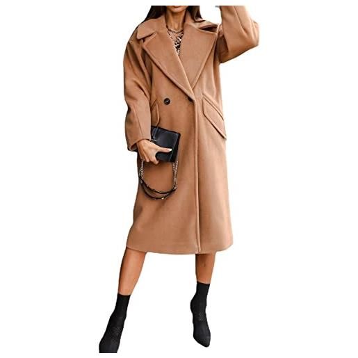 Vagbalena delle donne di inverno di lana miscela cammello mid-lungo cappotto notch doppio-petto bavero della giacca outwear (khaki, s)
