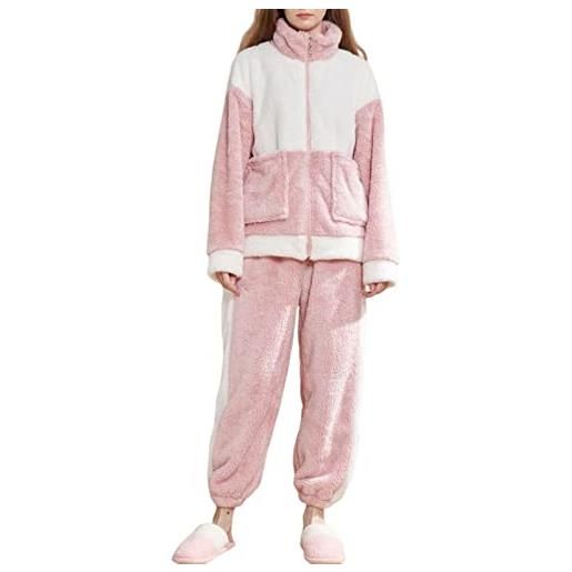 LTLCLZ pigiama da donna in due pezzi, in flanella, caldo, pigiama in pile, pigiama e pantaloni da pigiama, donna-rosa, xl
